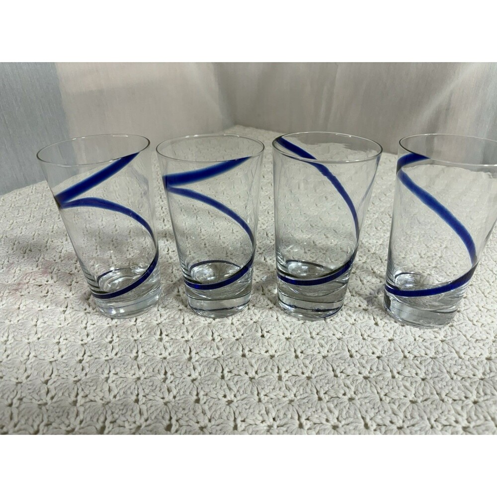PIER 1 Set 4 Swirline Clear & Cobalt Blue Tall Highball Glass Tumblers 20 Ounce